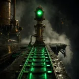 A brass railway signal tower in fog showing a green all-clear lamp while the track behind it ends abruptly at a torn-away trestle over a black chasm, neon-green light spilling across wet steel rails, dark steampunk cinematic