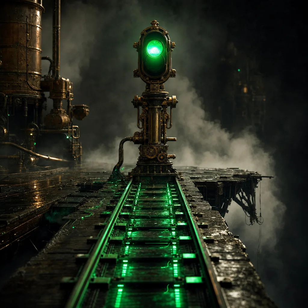 A brass railway signal tower in fog showing a green all-clear lamp while the track behind it ends abruptly at a torn-away trestle over a black chasm, neon-green light spilling across wet steel rails, dark steampunk cinematic