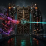 A fortified brass and copper steampunk gatehouse straddling a narrow channel of dark water at night, a heavy portcullis of interlocking gears lowered to seal the passage, a single focused stream of teal neon energy passing through a small keyed aperture whose glowing engraved sigil exactly matches the stream's pattern, while a swarm of mismatched purple and red energy tendrils are turned away and dissipate against the sealed gate, the structure self-contained and powered by its own visible amber furnace of gears with no cables running off to the dim distant shore, reflective wet stone and black water catching the neon, volumetric fog, cinematic shallow depth of field, moody editorial composition, no text, no people, no logos