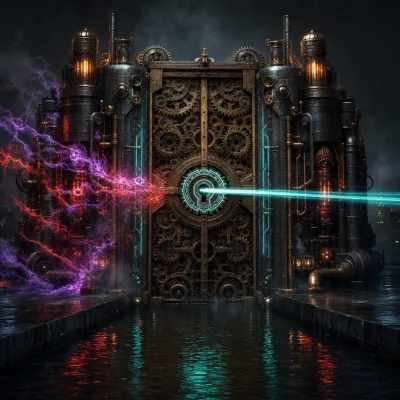 A fortified brass and copper steampunk gatehouse straddling a narrow channel of dark water at night, a heavy portcullis of interlocking gears lowered to seal the passage, a single focused stream of teal neon energy passing through a small keyed aperture whose glowing engraved sigil exactly matches the stream's pattern, while a swarm of mismatched purple and red energy tendrils are turned away and dissipate against the sealed gate, the structure self-contained and powered by its own visible amber furnace of gears with no cables running off to the dim distant shore, reflective wet stone and black water catching the neon, volumetric fog, cinematic shallow depth of field, moody editorial composition, no text, no people, no logos
