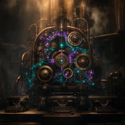 A towering brass and copper cognition engine pulsing with neon teal and violet thought-streams arcing between heavy mechanical gears, standing in a dark steampunk workshop above a small row of dormant typewriters dusted with cobwebs, cinematic shafts of amber light from above