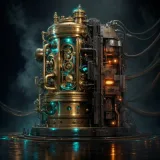 A pristine brass clockwork engine in a fog-filled steampunk vault, an enormous foreign apparatus of mismatched iron bolted crudely onto its flank, thick ribbed cables running from it out into total darkness beyond the frame, the engine glowing neon teal while the parasite machine pulses a sickly amber