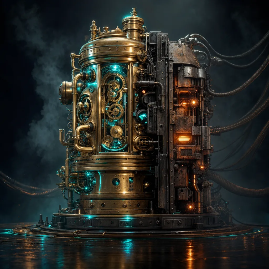A pristine brass clockwork engine in a fog-filled steampunk vault, an enormous foreign apparatus of mismatched iron bolted crudely onto its flank, thick ribbed cables running from it out into total darkness beyond the frame, the engine glowing neon teal while the parasite machine pulses a sickly amber