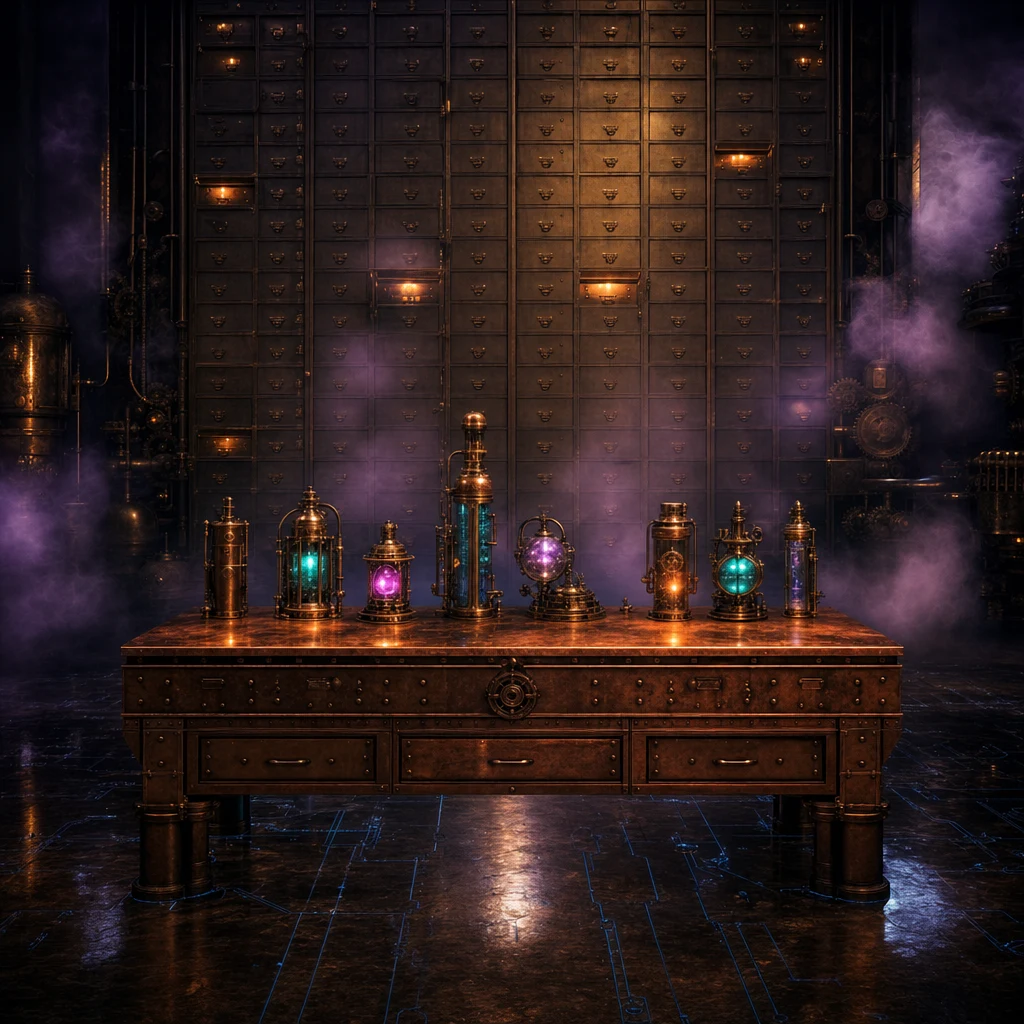 A vast dark steampunk archive wall at night, towering with hundreds of identical brass drawers receding into atmospheric purple fog; in the foreground, a single solid copper workbench bathed in a warm amber pool of lamplight with seven or eight glowing brass instruments and glass vials carefully laid out in a precise row, each one humming with neon teal, magenta, or amber light, while a few unopened drawers in the wall behind also glow faintly through their seams; reflective wet stone floor with circuit-pattern grouting glowing faintly blue, cinematic shallow depth of field, moody editorial composition, no text, no people