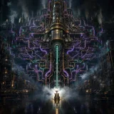 A single small brass valve being opened at the base of an enormous dark steampunk manifold, forcing steam to roar through hundreds of copper pipes branching to every machine in a vast fog-filled hall, each pipe lighting up neon purple and teal as pressure floods it, only one pipe actually needed