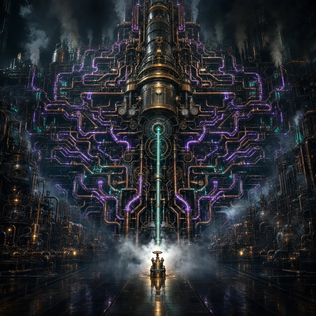 A single small brass valve being opened at the base of an enormous dark steampunk manifold, forcing steam to roar through hundreds of copper pipes branching to every machine in a vast fog-filled hall, each pipe lighting up neon purple and teal as pressure floods it, only one pipe actually needed