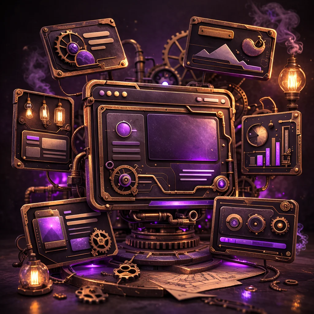 Five glowing 3D layout tiles floating around a browser window, representing different React hero section patterns