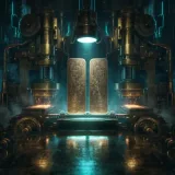 Two colossal identical brass stamping presses facing each other across a fog-filled vault, each pressing out a glowing engraved plate, the two finished plates held side by side under harsh neon teal light revealing a single hairline groove that does not match, dark steampunk machinery threaded with copper circuitry