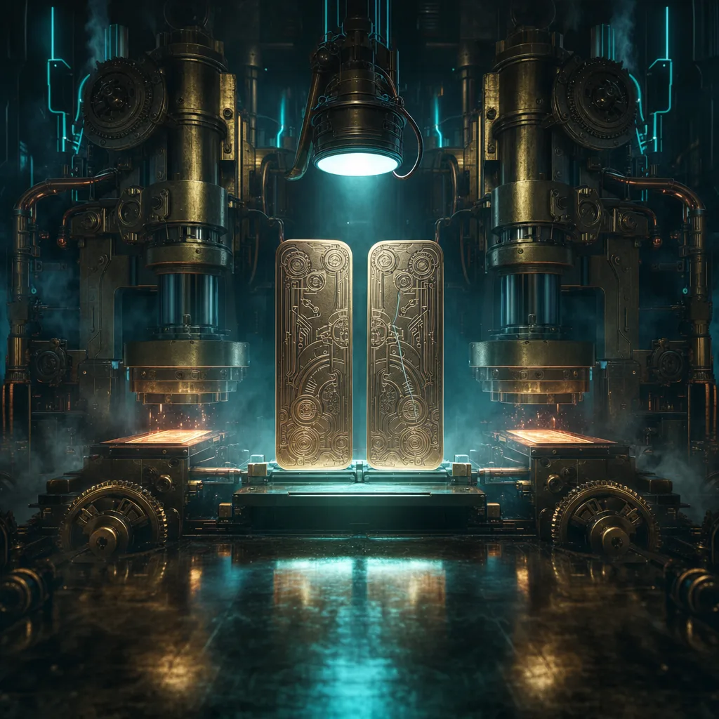 Two colossal identical brass stamping presses facing each other across a fog-filled vault, each pressing out a glowing engraved plate, the two finished plates held side by side under harsh neon teal light revealing a single hairline groove that does not match, dark steampunk machinery threaded with copper circuitry