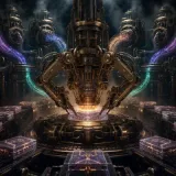 A vast brass clockwork harvester with pneumatic tubes pulling streams of glowing data from distant API turbines into a central foundry, where mechanical arms press the data into stacks of crystalline static pages stamped with neon copper sigils, dark steampunk data refinery