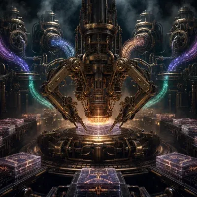 A vast brass clockwork harvester with pneumatic tubes pulling streams of glowing data from distant API turbines into a central foundry, where mechanical arms press the data into stacks of crystalline static pages stamped with neon copper sigils, dark steampunk data refinery