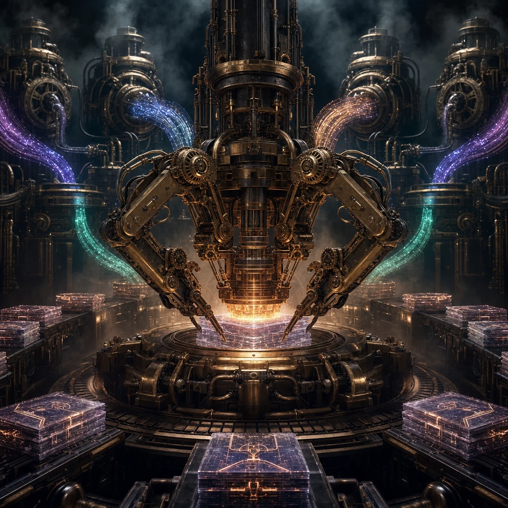 A vast brass clockwork harvester with pneumatic tubes pulling streams of glowing data from distant API turbines into a central foundry, where mechanical arms press the data into stacks of crystalline static pages stamped with neon copper sigils, dark steampunk data refinery