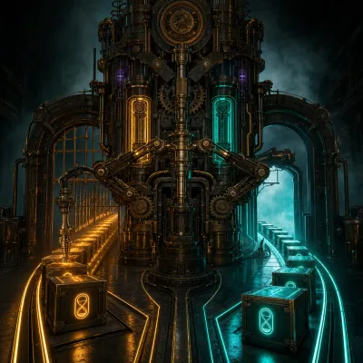A colossal brass sorting engine in a fog-filled vault, clockwork arms stamping glowing hourglass seals onto passing crates as they split into two lanes — one lane sealed in amber and locked away for a century, the other flashing teal and released within seconds, dark steampunk machinery lit by neon circuitry