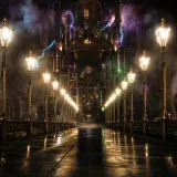 A long dark steampunk hall of brass street lamps where every single lamp has been switched on at full blaze at the same instant, overloading a groaning copper power station at the far end, while a few lamps beside it glow softly only where neon motion sensors detect something nearby, purple and teal haze over a wet reflective floor