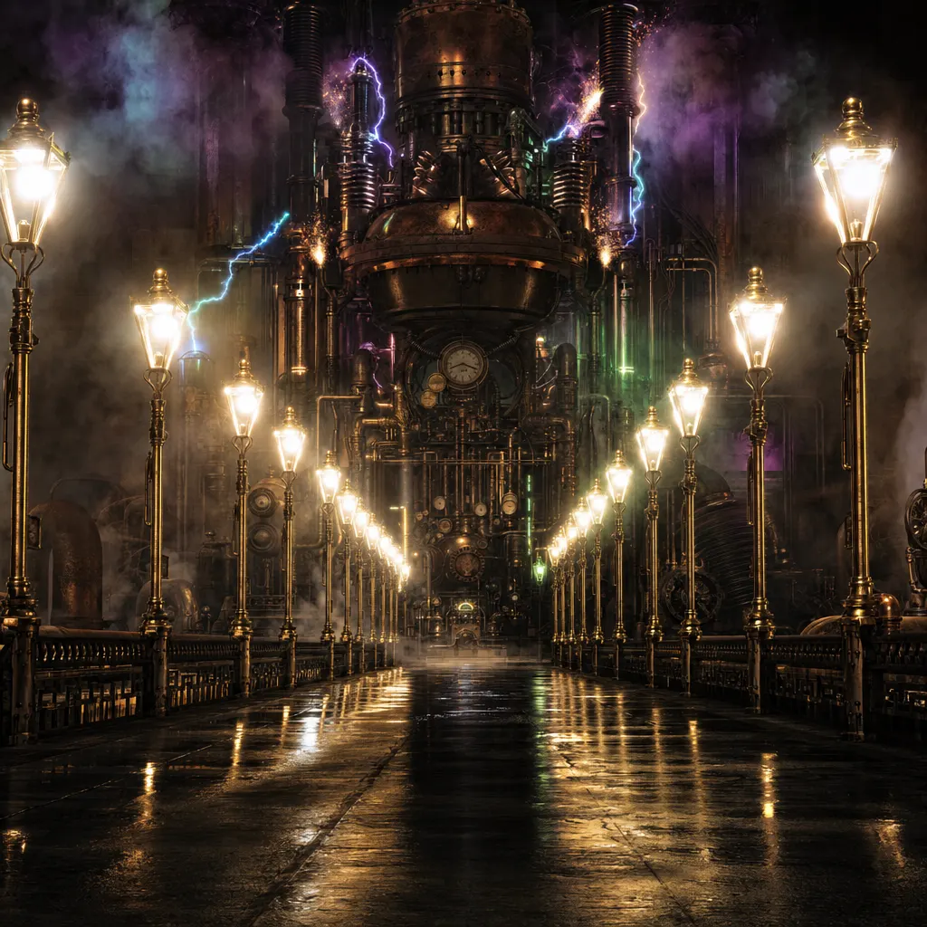 A long dark steampunk hall of brass street lamps where every single lamp has been switched on at full blaze at the same instant, overloading a groaning copper power station at the far end, while a few lamps beside it glow softly only where neon motion sensors detect something nearby, purple and teal haze over a wet reflective floor