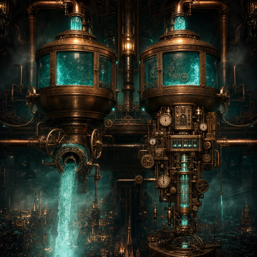 A vast steampunk distribution hall with two enormous brass reservoirs side by side, both filled from above with glowing teal liquid. The left reservoir's outflow runs through wide open valves and discharges freely into the city below in luminous streams. The right reservoir's outflow passes through an elaborate clockwork toll booth bristling with brass meters, ticking counters, and coin slots that clink with every drop. Dark industrial atmosphere, atmospheric fog, copper pipes and rivets throughout, neon teal and amber accent lighting, cinematic shallow depth of field, no text, no people