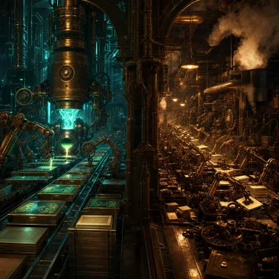 A vast steampunk type foundry with two opposing chambers — on the left, blocks of code being cast in glowing molten brass at a single calm forge with neon teal flames, finished pages stacked in orderly piles; on the right, a chaotic backroom of frantic clockwork typesetters scrambling to assemble identical pages by hand under harsh amber gaslight, brass gears and copper pipes throughout, atmospheric fog, dark industrial lighting, no text, no people
