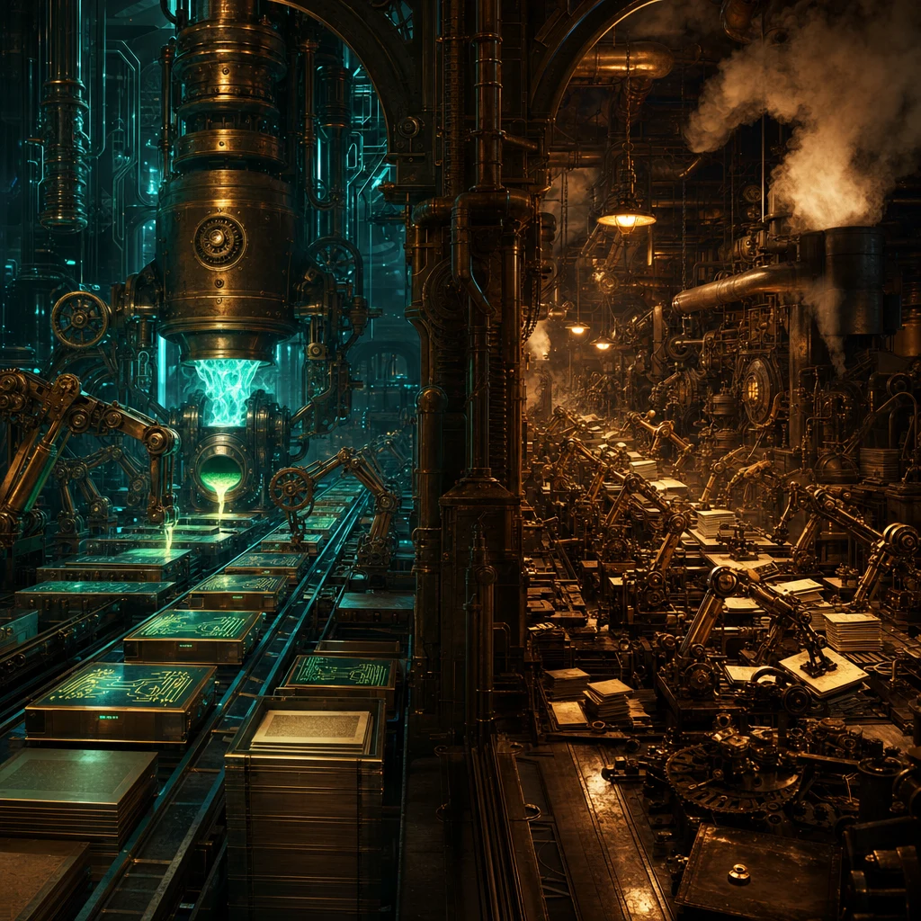 A vast steampunk type foundry with two opposing chambers — on the left, blocks of code being cast in glowing molten brass at a single calm forge with neon teal flames, finished pages stacked in orderly piles; on the right, a chaotic backroom of frantic clockwork typesetters scrambling to assemble identical pages by hand under harsh amber gaslight, brass gears and copper pipes throughout, atmospheric fog, dark industrial lighting, no text, no people