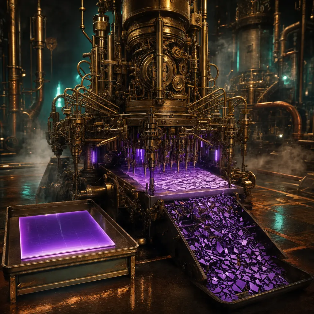 A towering brass cutting machine in a fog-filled steampunk foundry, dozens of clockwork arms painstakingly slicing a single glowing neon-purple sheet into tiny fragments while an identical intact sheet already sits finished and gleaming on the tray beside it, teal and amber light reflecting off wet copper floors