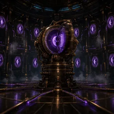 A vast brass observatory hall plunged in darkness, with a single mechanical lens flipping a glowing teal day-sigil to a deep purple night-sigil mid-rotation, copper pipework channeling the change instantly across rows of identical static windows, no flicker between them, dark steampunk theme engine