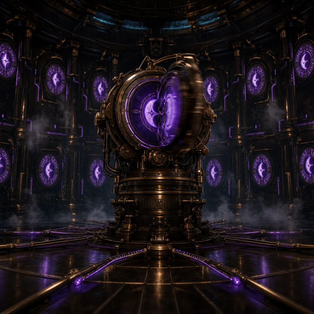 A vast brass observatory hall plunged in darkness, with a single mechanical lens flipping a glowing teal day-sigil to a deep purple night-sigil mid-rotation, copper pipework channeling the change instantly across rows of identical static windows, no flicker between them, dark steampunk theme engine