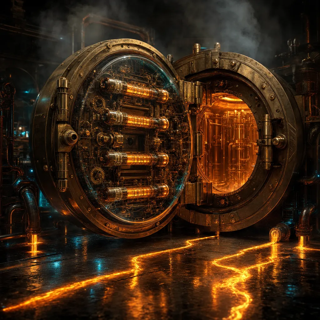 A colossal brass vault door hanging wide open in a fog-filled steampunk foundry, its heavy tumblers cast in glass so every glowing neon-amber pin inside is plainly visible from the outside, copper conduits pouring molten light onto the floor