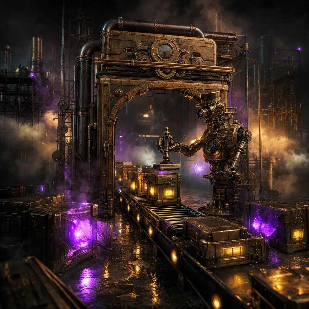 A towering brass customs gate in a dark steampunk depot where glowing crates roll past a clockwork inspector that stamps every one approved without opening it, a few crates cracked and leaking unexpected neon light onto a wet reflective floor, purple and amber haze drifting through copper scaffolding