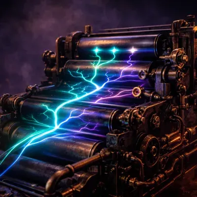 A massive clockwork printing press powered by glowing gears and branching pipelines, dark steampunk machinery converting raw materials into published pages
