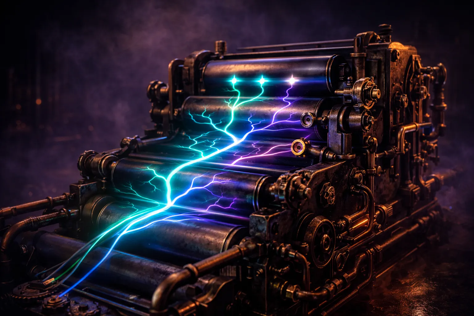 A massive clockwork printing press powered by glowing gears and branching pipelines, dark steampunk machinery converting raw materials into published pages