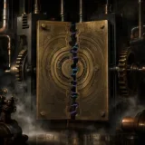 Two enormous brass printing plates pressed face to face in a dark steampunk foundry, their engraved patterns almost aligned but visibly offset, thin arcs of neon purple and teal electricity crackling across every point where the grooves fail to meet, fog curling around copper gears