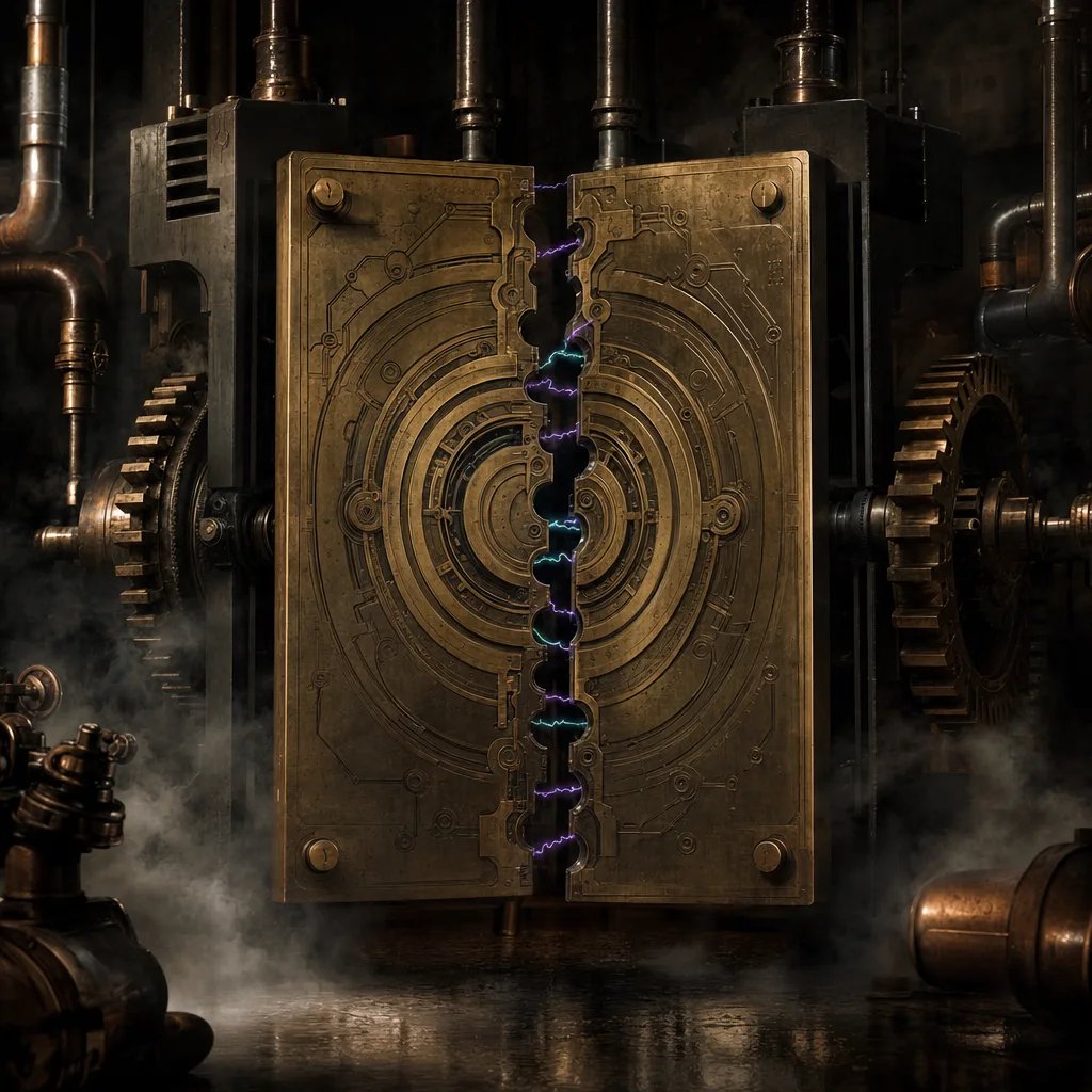 Two enormous brass printing plates pressed face to face in a dark steampunk foundry, their engraved patterns almost aligned but visibly offset, thin arcs of neon purple and teal electricity crackling across every point where the grooves fail to meet, fog curling around copper gears