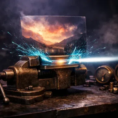 A mechanical assembly line of brass gears and neon conveyor belts compressing oversized photographs into razor-thin luminous strips against a dark industrial backdrop