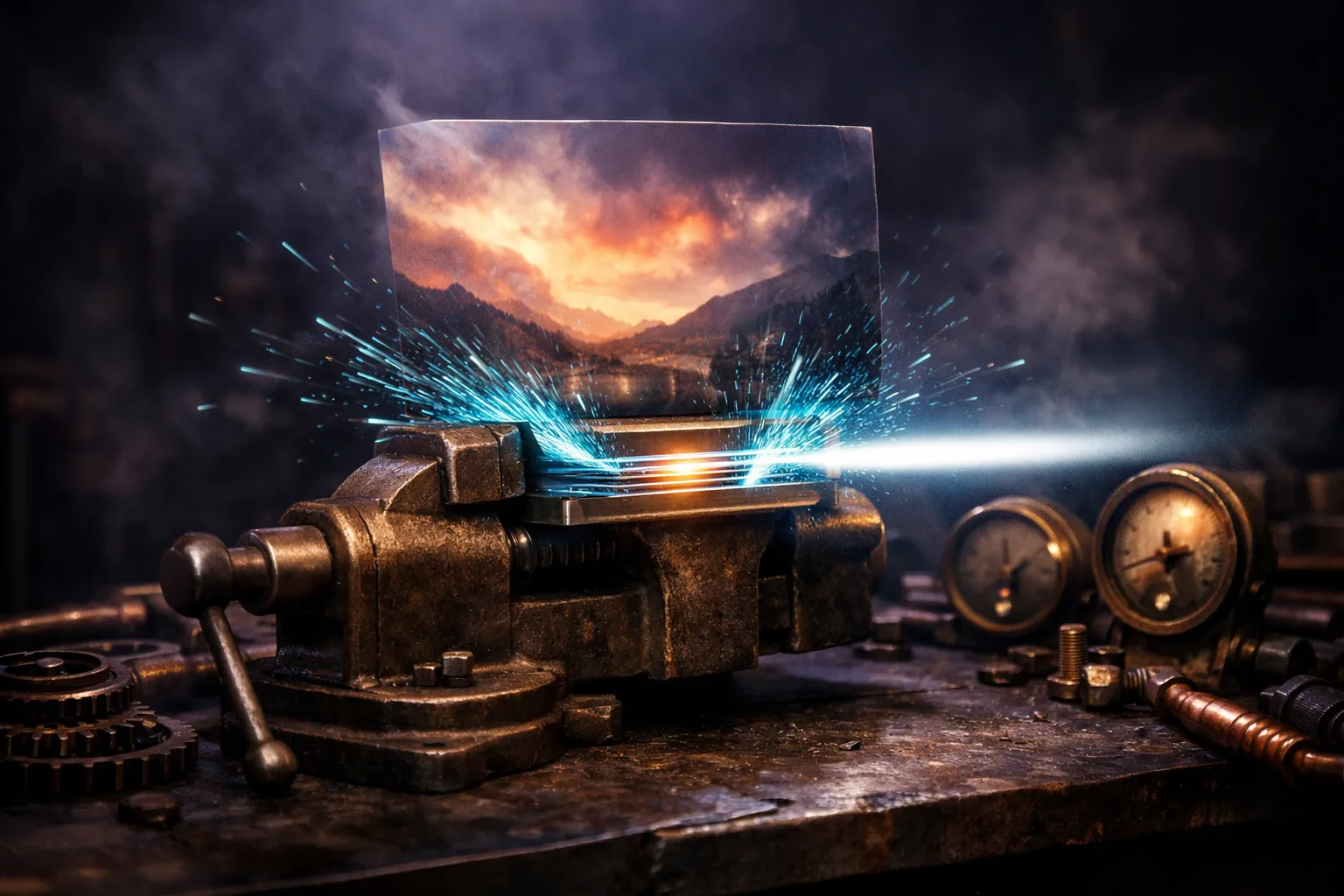 A mechanical assembly line of brass gears and neon conveyor belts compressing oversized photographs into razor-thin luminous strips against a dark industrial backdrop