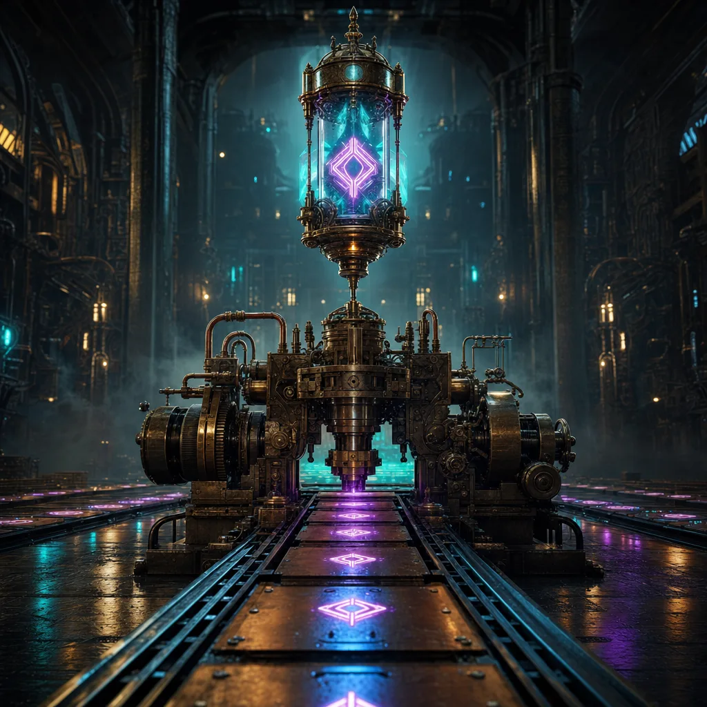 A vast dark steampunk print hall where a brass stamping machine endlessly presses the same small glowing neon glyph onto an infinite conveyor of copper sheets, while above it a single ornate glass reliquary holds one master glyph radiating teal and purple light, fog drifting across reflective iron floors