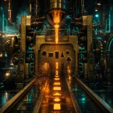 A brass gatehouse in a fog-filled foundry where glowing molten content pours through a precision-cut stencil plate, shapes that match passing cleanly into the press beyond while mismatched ones strike the plate and burst into cooling sparks, dark steampunk hall lit by neon teal and amber with copper circuitry threading the gate