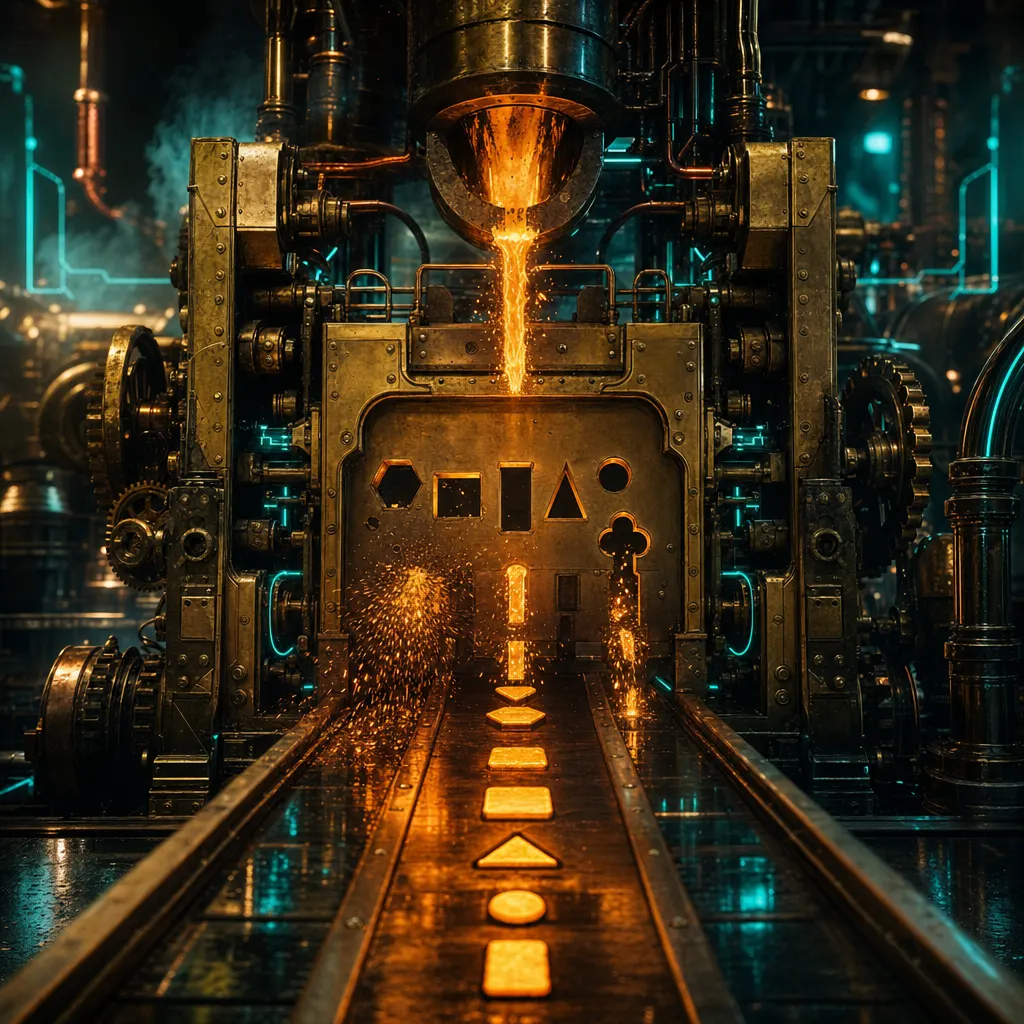 A brass gatehouse in a fog-filled foundry where glowing molten content pours through a precision-cut stencil plate, shapes that match passing cleanly into the press beyond while mismatched ones strike the plate and burst into cooling sparks, dark steampunk hall lit by neon teal and amber with copper circuitry threading the gate