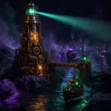 A towering brass and copper steampunk lighthouse on a dark rocky promontory at night, its rotating beam a focused shaft of teal neon sweeping across a procession of small mechanical clockwork ships approaching through purple fog, a heavy gear-driven gate-arm lowered across the narrow channel to block one ship while a glowing green signal lamp waves another through, the lighthouse self-contained and powered by its own visible furnace of amber gears with no cables or wires running off to the distant dim shore, reflective wet stone and black water below catching the neon reflections, cinematic shallow depth of field, moody editorial composition, no text, no people