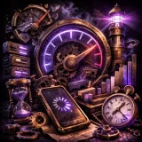 A shattered speedometer pinned at 100, surrounded by floating performance metric icons on a dark purple background