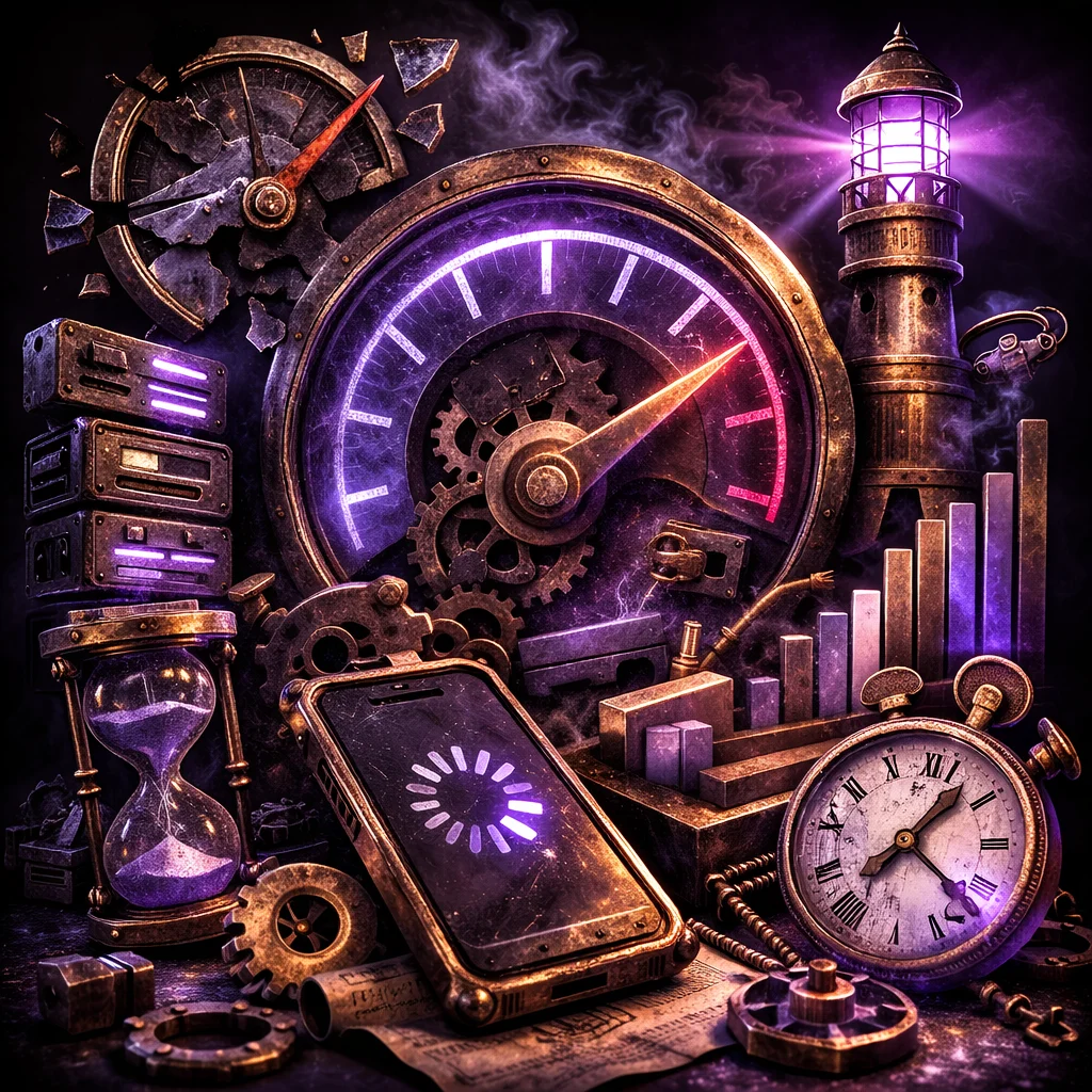 A shattered speedometer pinned at 100, surrounded by floating performance metric icons on a dark purple background