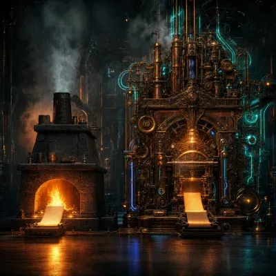A vast steampunk foundry with two adjacent forges — a simple stone hearth on the left producing a bright steady flame and clean glowing manuscript pages, and a towering baroque apparatus on the right with dozens of brass gears, copper pipes, and glowing neon conduits, producing identical pages with ten times the machinery, dark industrial atmosphere, atmospheric fog, neon teal and amber accents, no text, no people