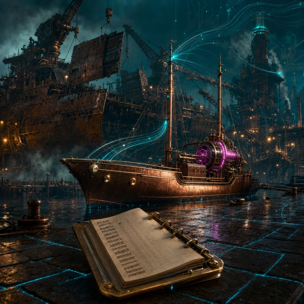 A vast dark steampunk shipyard at dusk under amber sodium lamps and rolling neon teal fog, the massive hulking armored cargo freighter from before now half-dismantled in the background with its rusted iron hull plates being lifted away by clockwork cranes, while in the foreground the lean copper-plated cutter from before sits proudly at the dock with brass rigging gleaming and a single magenta steam engine humming, having taken over the route entirely; a brass ledger book rests open on a wet stone pier showing tally marks crossed out and replaced with smaller numbers, glowing teal data ribbons flow from the cutter's mast into the harbor's signal network, reflective wet stone dock with subtle circuit-pattern grouting glowing faintly blue, cinematic shallow depth of field, moody editorial composition, no text, no people