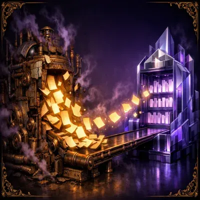 A steampunk conveyor belt transporting glowing documents from a crumbling mechanical engine into a sleek crystalline machine
