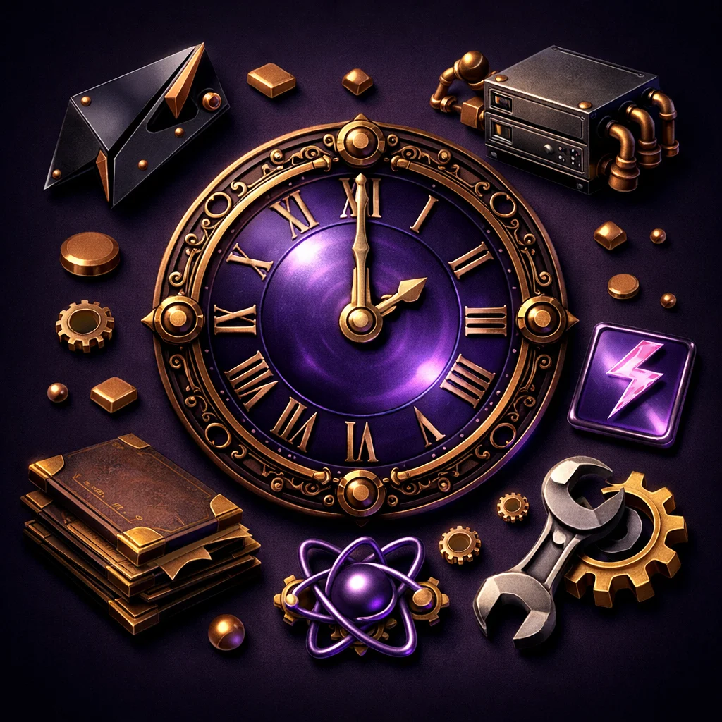 A steampunk clockface with brass gears and purple glass panels representing the passage of time with Next.js App Router