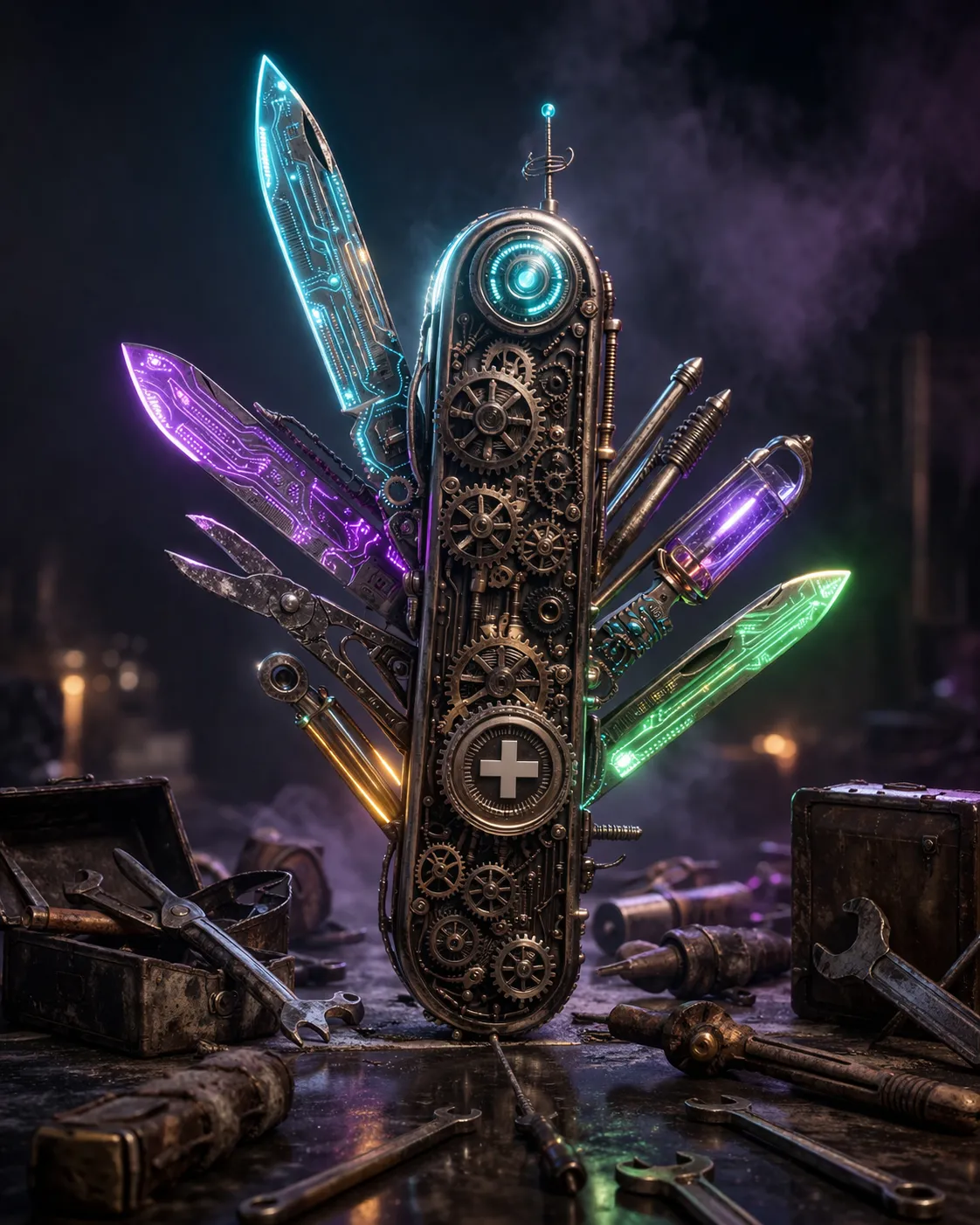 A glowing toolbox opening to reveal an array of precision instruments, each representing a built-in Node.js capability replacing an external package