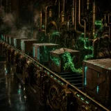 A long brass conveyor of sealed wooden shipping crates rolling into a dark steampunk foundry, one crate cracked open mid-belt with glowing neon green clockwork tendrils already reaching out and threading into the surrounding copper pipework, the rest of the crates humming with faint teal light, fog and reflective iron floor