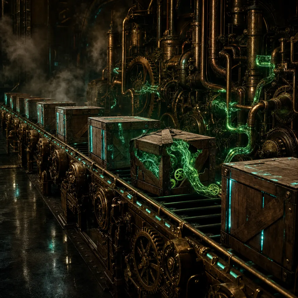 A long brass conveyor of sealed wooden shipping crates rolling into a dark steampunk foundry, one crate cracked open mid-belt with glowing neon green clockwork tendrils already reaching out and threading into the surrounding copper pipework, the rest of the crates humming with faint teal light, fog and reflective iron floor