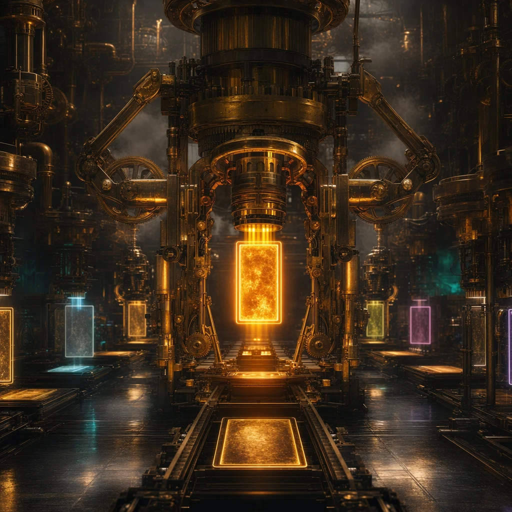 A vast brass darkroom filled with framed glowing rectangles being stamped into existence by clockwork arms, neon copper light pouring through translucent stencils, dark steampunk image foundry