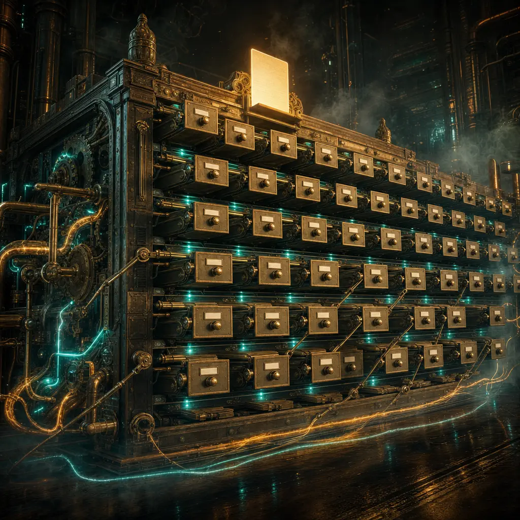 A towering brass card-catalog wall where dropping a single glowing card into the top slot forces every drawer to slide one position sideways, brass pointer arms swinging to indexes that no longer match, dark steampunk archive lit by neon amber and teal filaments in drifting fog