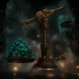 A colossal brass balance scale inside a fog-filled steampunk engine hall, glowing neon-teal cargo crates stacked high on one pan while the opposite pan rises into darkness, copper chains straining under a single fixed weight that can never be added to, only moved