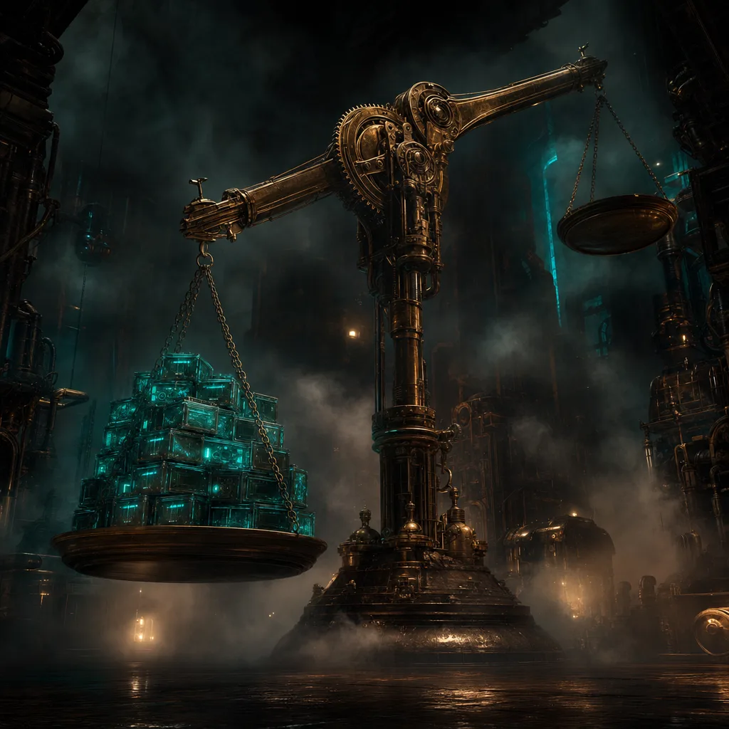 A colossal brass balance scale inside a fog-filled steampunk engine hall, glowing neon-teal cargo crates stacked high on one pan while the opposite pan rises into darkness, copper chains straining under a single fixed weight that can never be added to, only moved